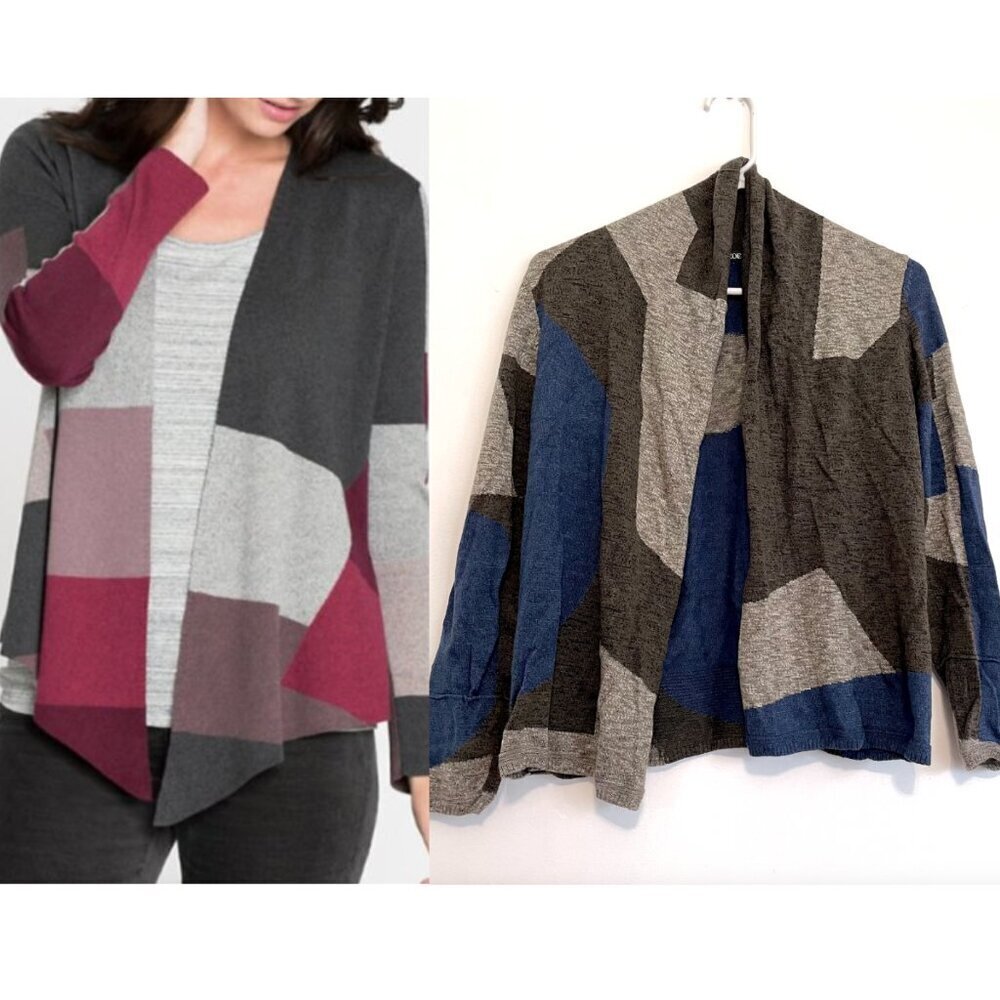 NIC+ZOE Tan Brown ish Blue Colorblock Geo Geometric Open Cardigan PETITE PP / XS